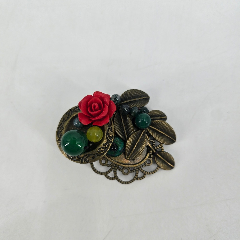 Vintage Red Rose Floral Brooch Antique Gold Green Beaded Victorian Cottagecore
